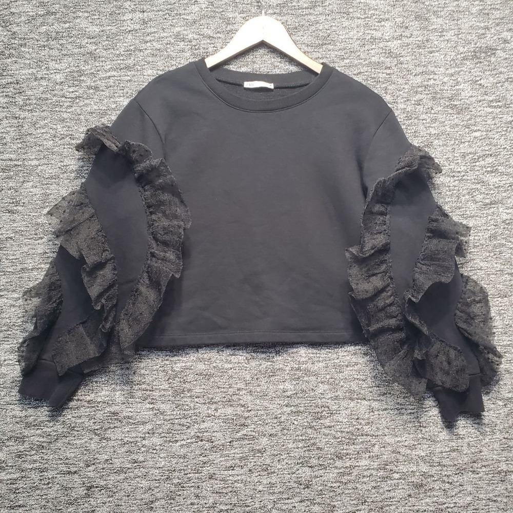 ZARA Ruffle Sleeve Sweatshirt Women Small Black Tulle Trim Cropped Whimsigoth
